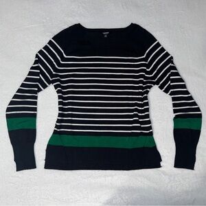 Premise Studio round neck black sweater with white and green stripes Size XS